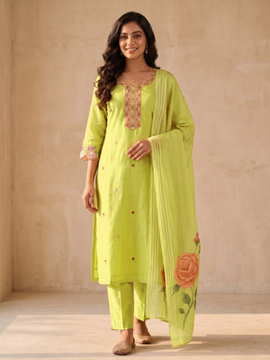 Peachmode Yellow Mul Chanderi Floral Embroidered Salwar Suit - Image 1