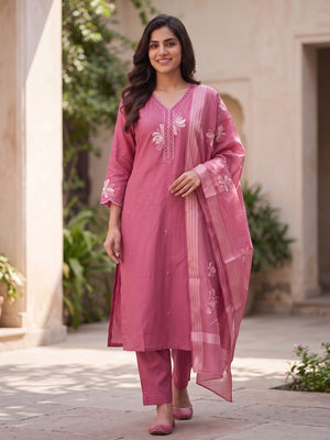 Peachmode Pink Mul Chanderi Floral Embroidered Salwar Suit - Image 2