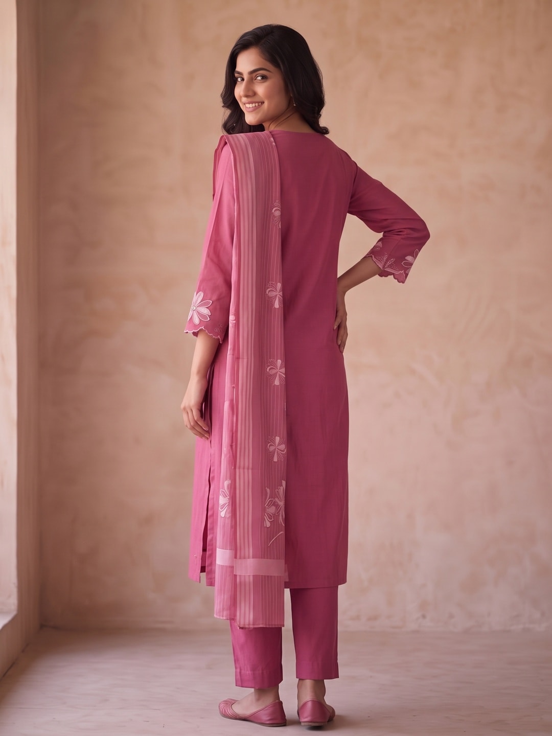 Peachmode Pink Mul Chanderi Floral Embroidered Salwar Suit - Image 4