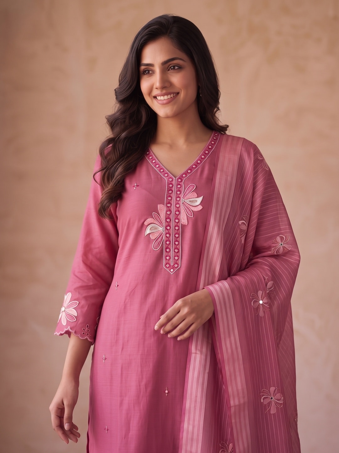 Peachmode Pink Mul Chanderi Floral Embroidered Salwar Suit - Image 5