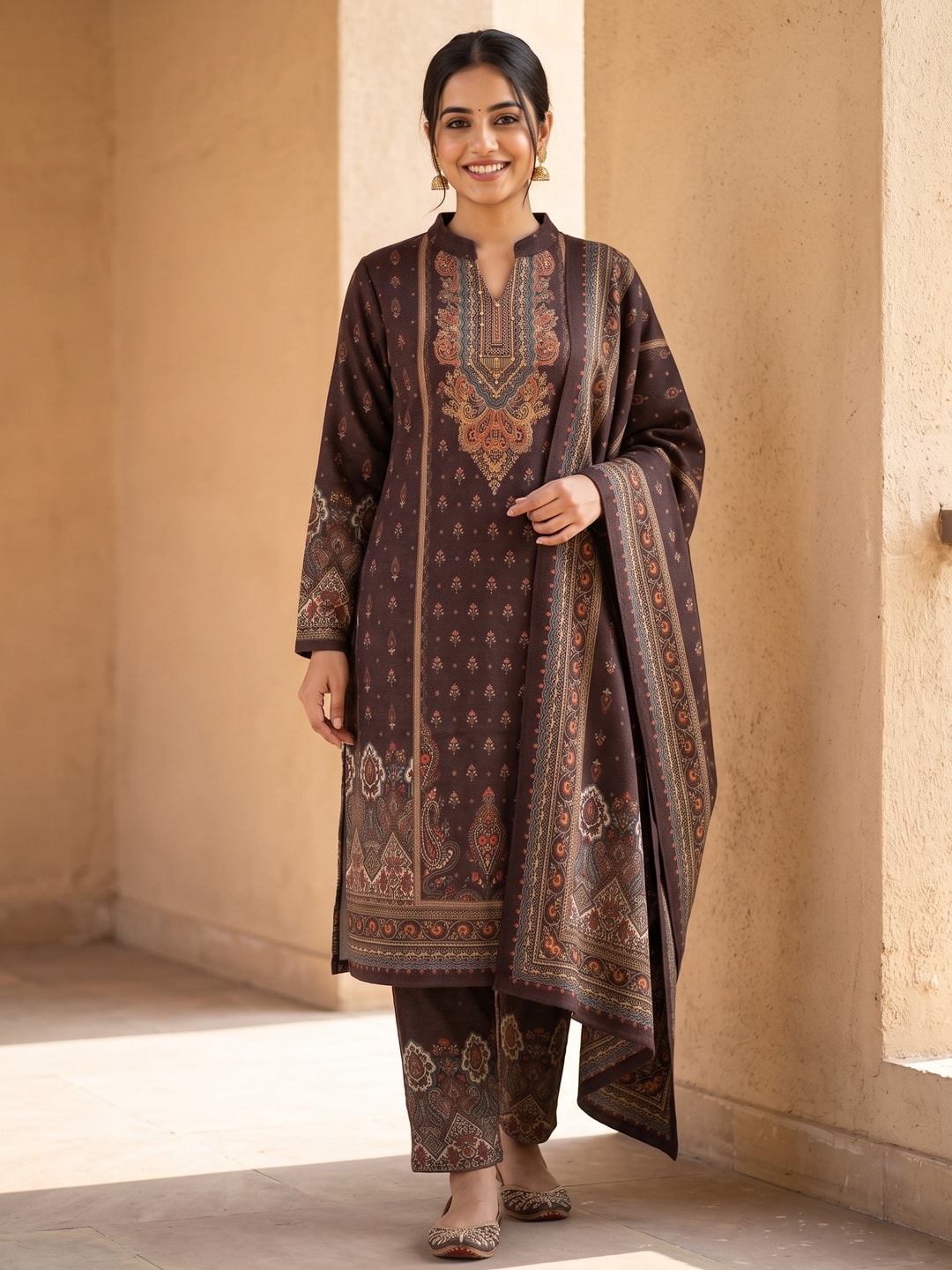 Peachmode Brown Printed Woolen Salwar Suit With Stole - Image 1