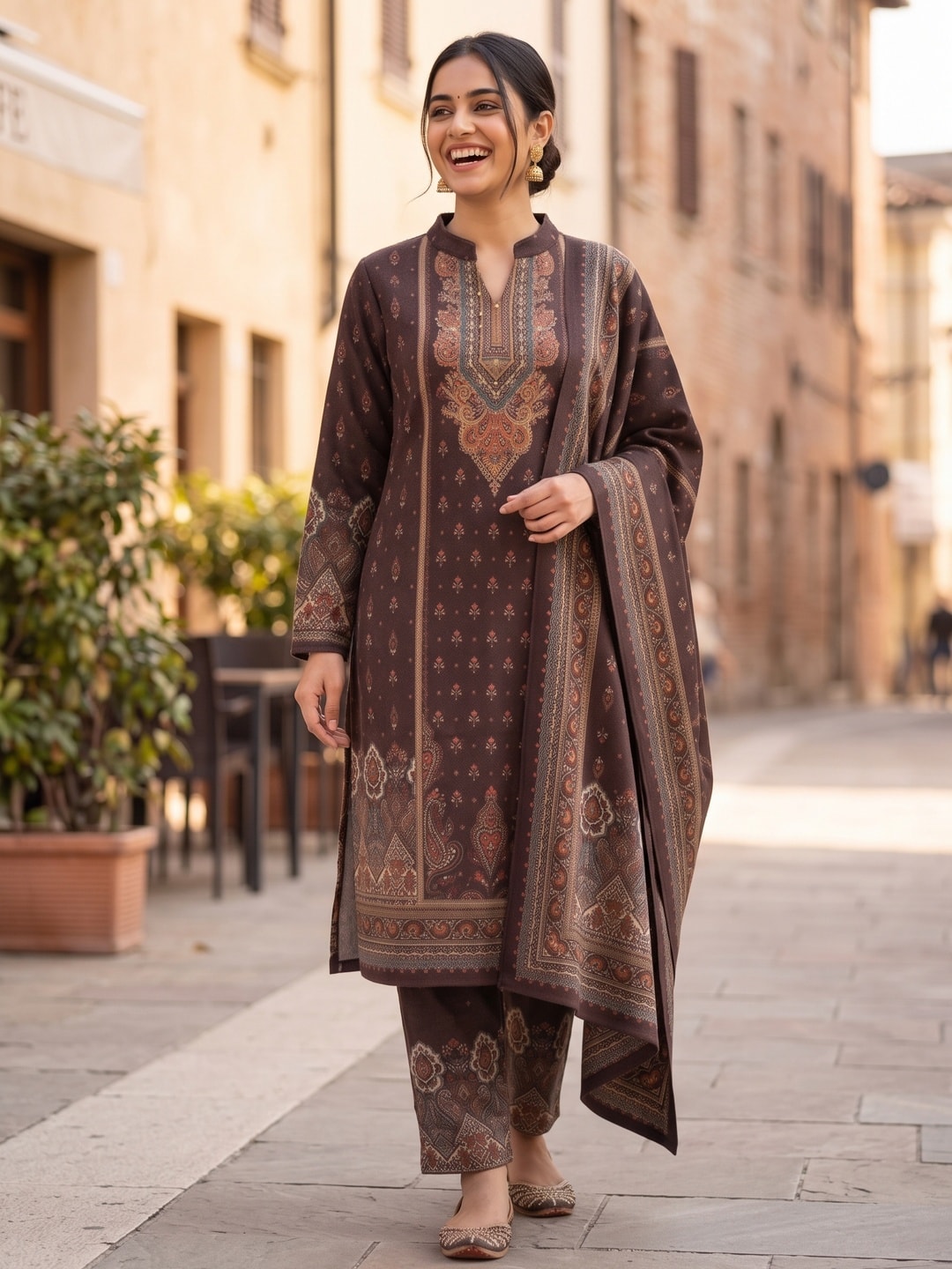 Peachmode Brown Printed Woolen Salwar Suit With Stole - Image 2