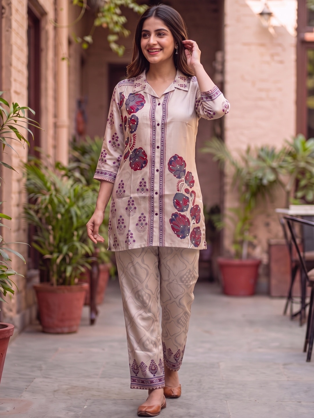 Peachmode Beige Lenzing Silk Floral Printed Co-ord Set - Image 2