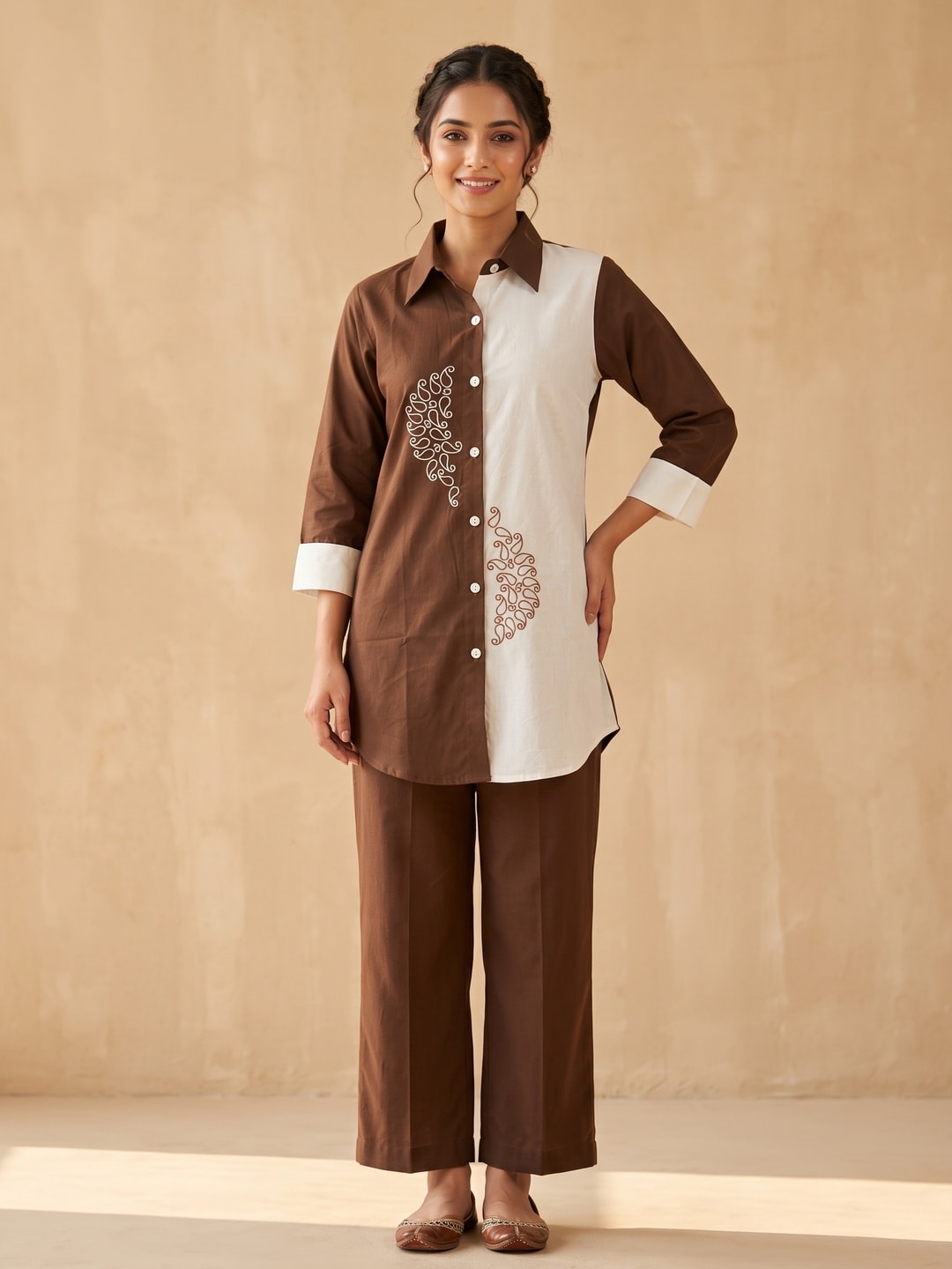 Peachmode Brown and Ivory Cotton Colourblock Paisley Embroidered Co-ord Set - Image 1