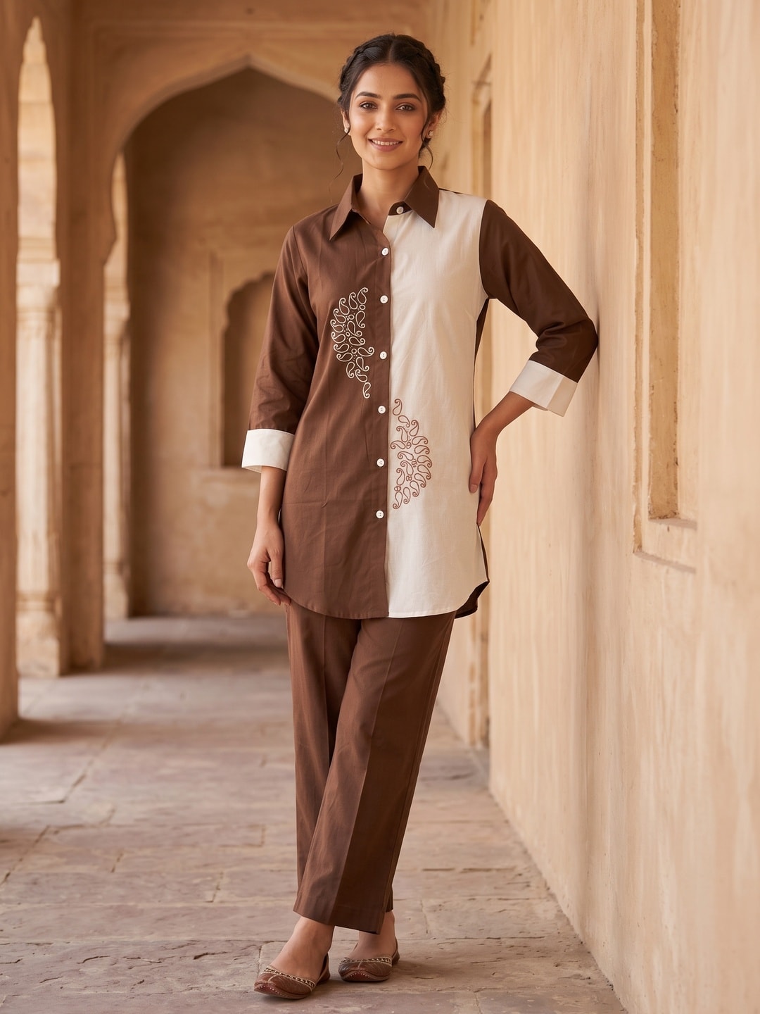 Peachmode Brown and Ivory Cotton Colourblock Paisley Embroidered Co-ord Set - Image 2