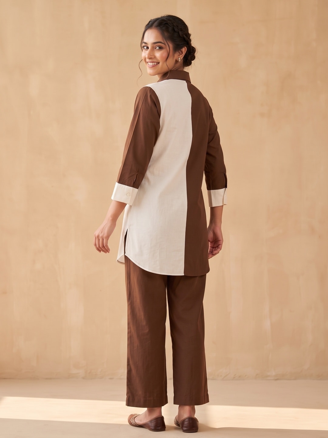 Peachmode Brown and Ivory Cotton Colourblock Paisley Embroidered Co-ord Set - Image 4