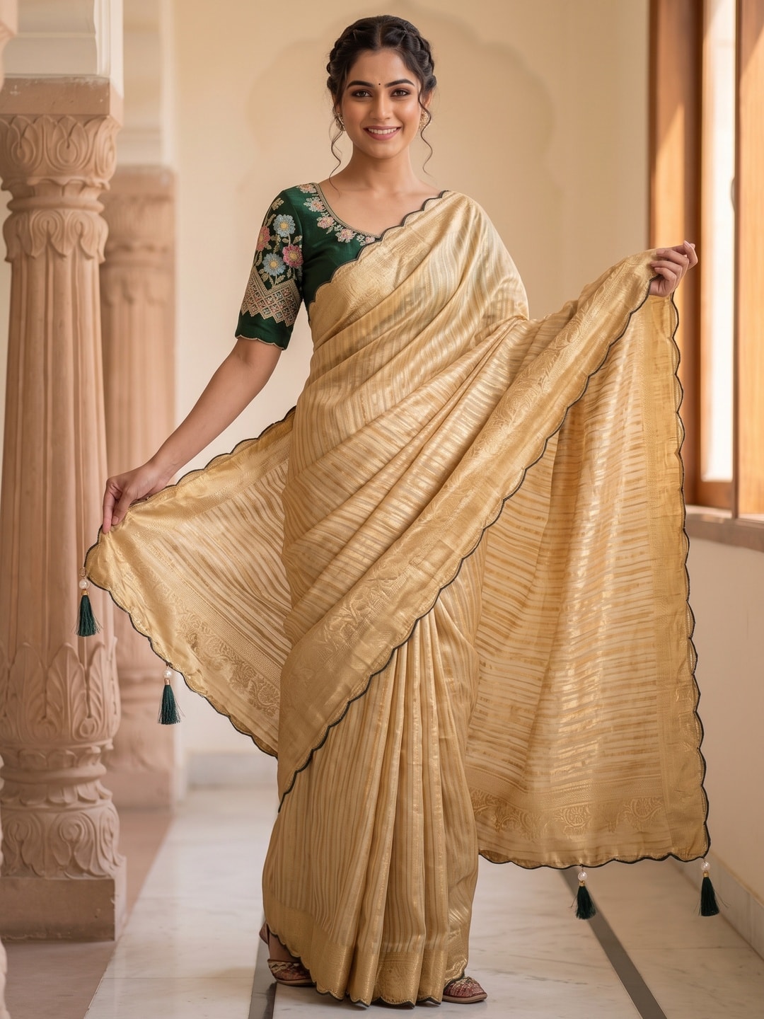 Peachmode Champagne Gold Striped Viscose Jacquard Saree With Green Embroidered Blouse - Image 4