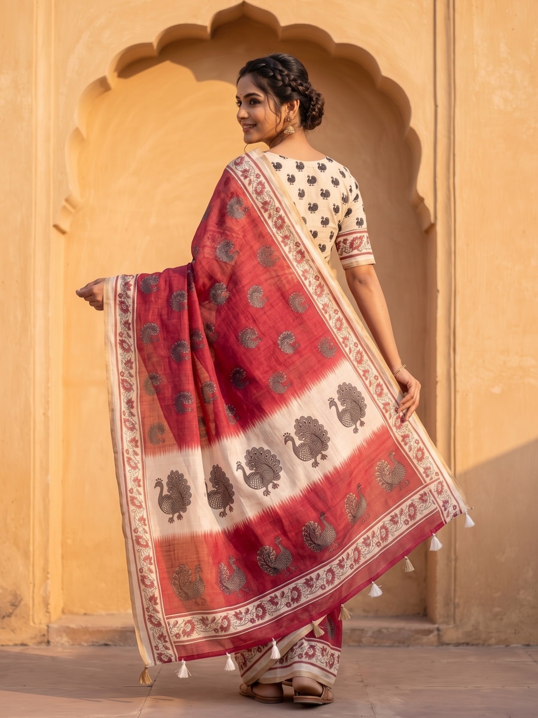 Peachmode Red Animal Print Linen Cotton Saree - Image 2