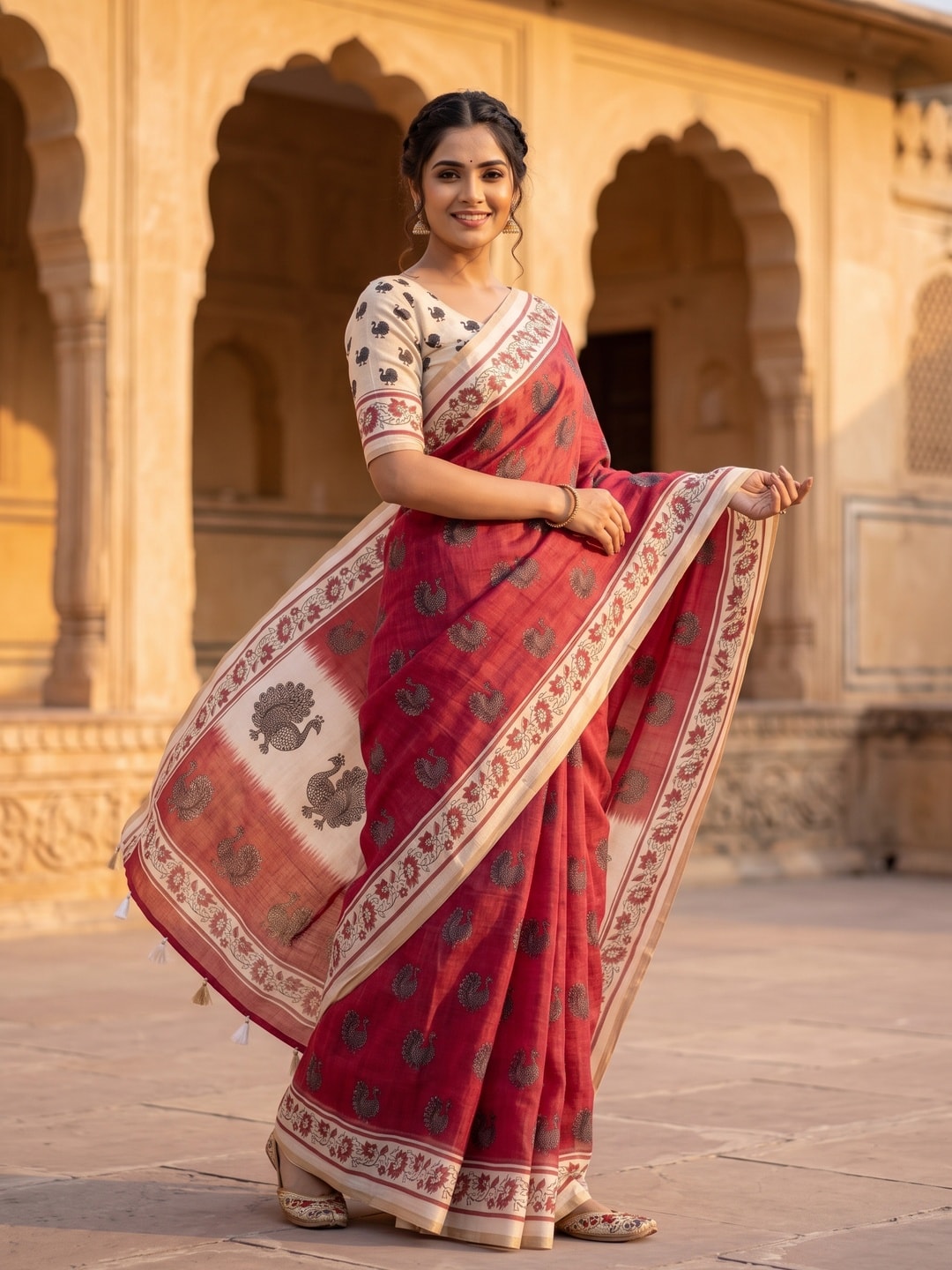 Peachmode Red Animal Print Linen Cotton Saree - Image 4