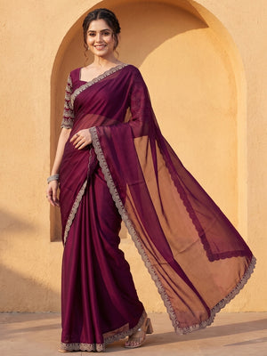 Peachmode Wine Embroidered Border Rangoli Silk Saree - Image 1