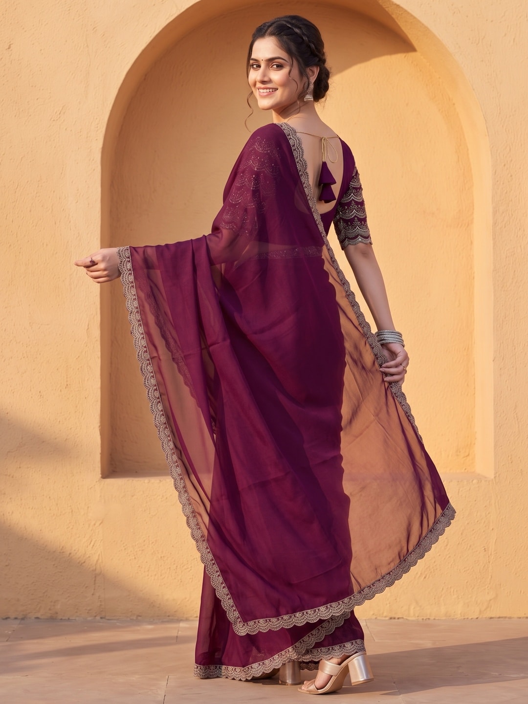 Peachmode Wine Embroidered Border Rangoli Silk Saree - Image 4