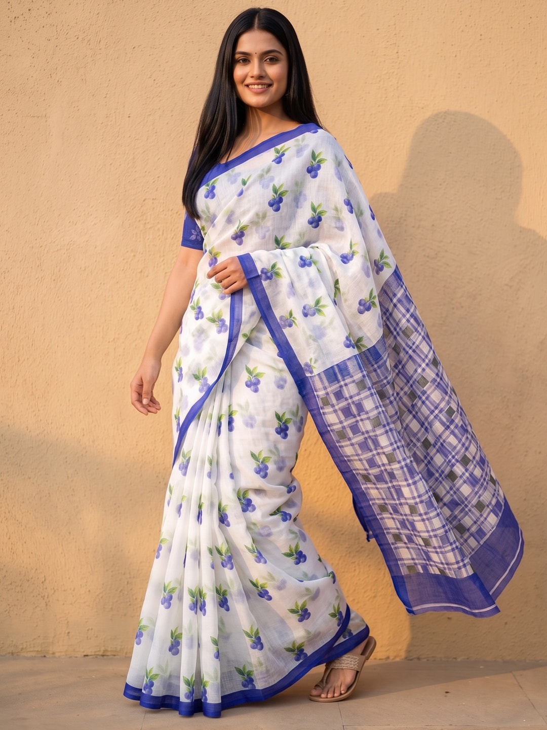 Peachmode Blue Soft Linen Saree with Lehariya fruit print - Image 3