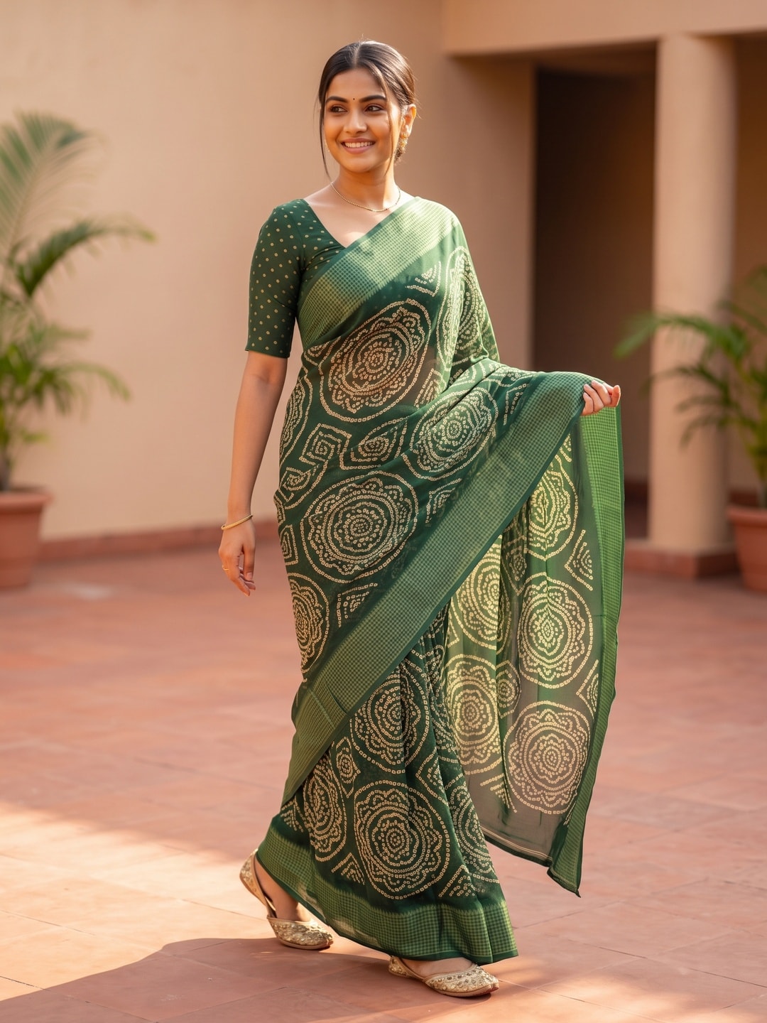 Green Bandhani Printed Georgette Saree With Viscose Border - Image 3