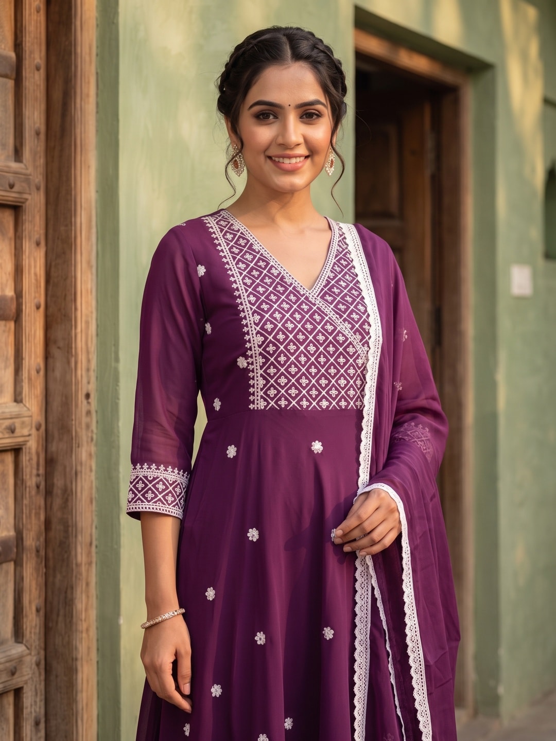 Wine Lucknowi Work Rayon Naira Cut Suit - Image 4