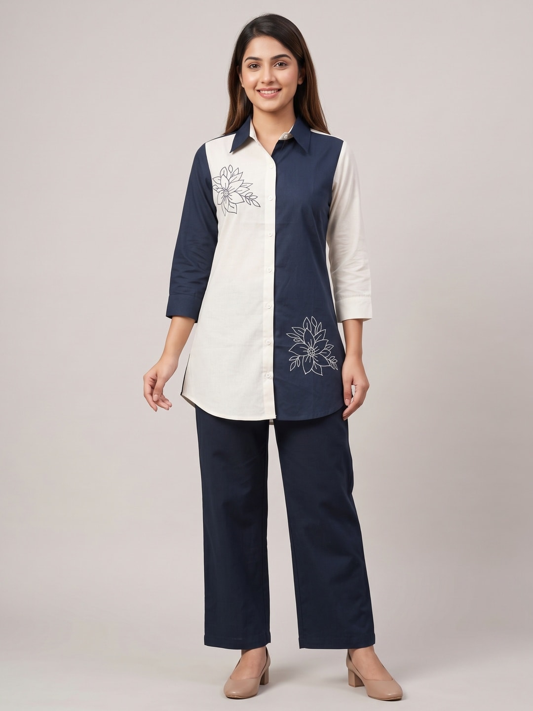 Peachmode Navy and Ivory Cotton Colourblock Floral Embroidered Co-ord Set - Image 1