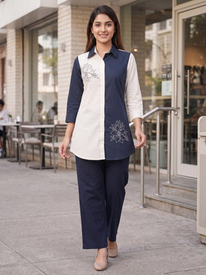 Peachmode Navy and Ivory Cotton Colourblock Floral Embroidered Co-ord Set - Image 2