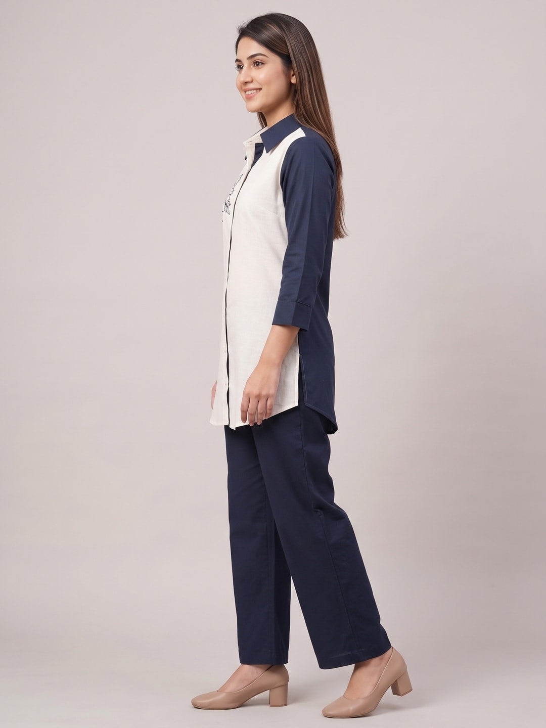 Peachmode Navy and Ivory Cotton Colourblock Floral Embroidered Co-ord Set - Image 3