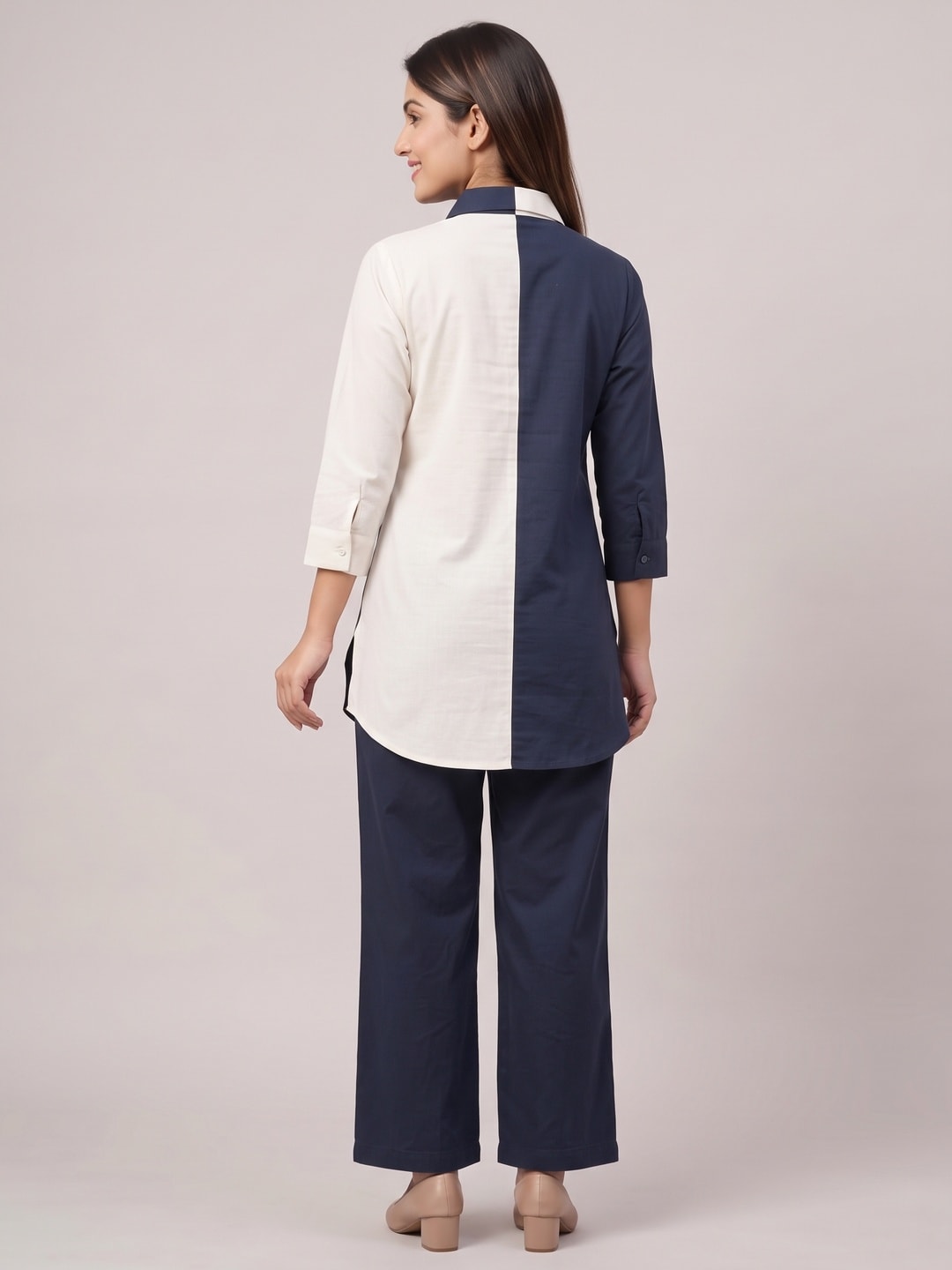 Peachmode Navy and Ivory Cotton Colourblock Floral Embroidered Co-ord Set - Image 4