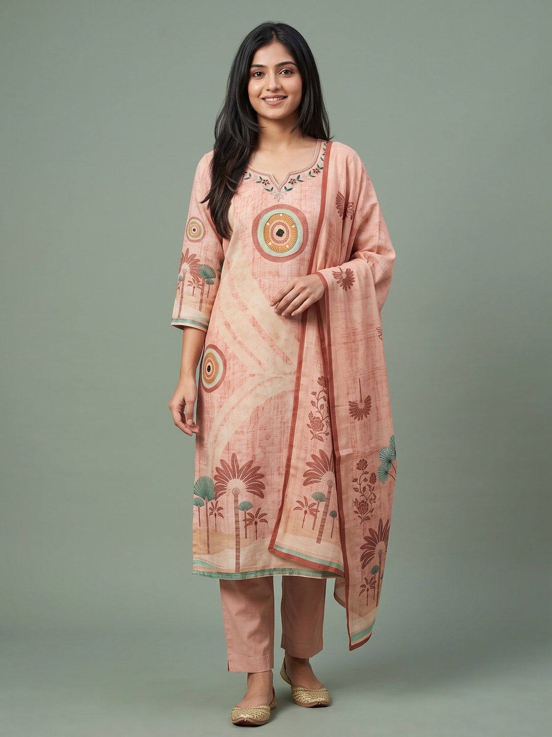 Peachmode Peach Palm Print Cotton Linen Salwar Suit with Dupatta - Image 1