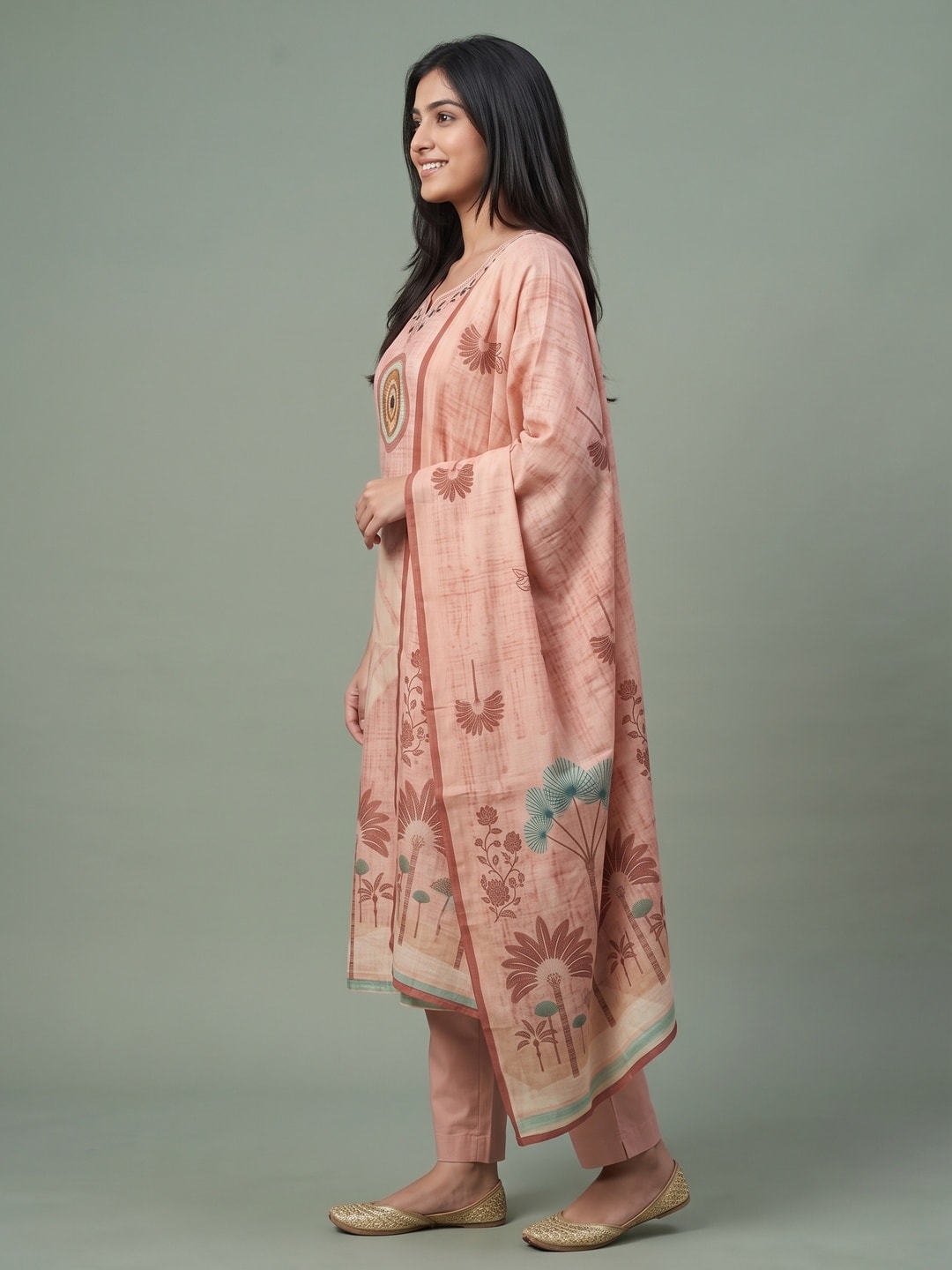 Peachmode Peach Palm Print Cotton Linen Salwar Suit with Dupatta - Image 3