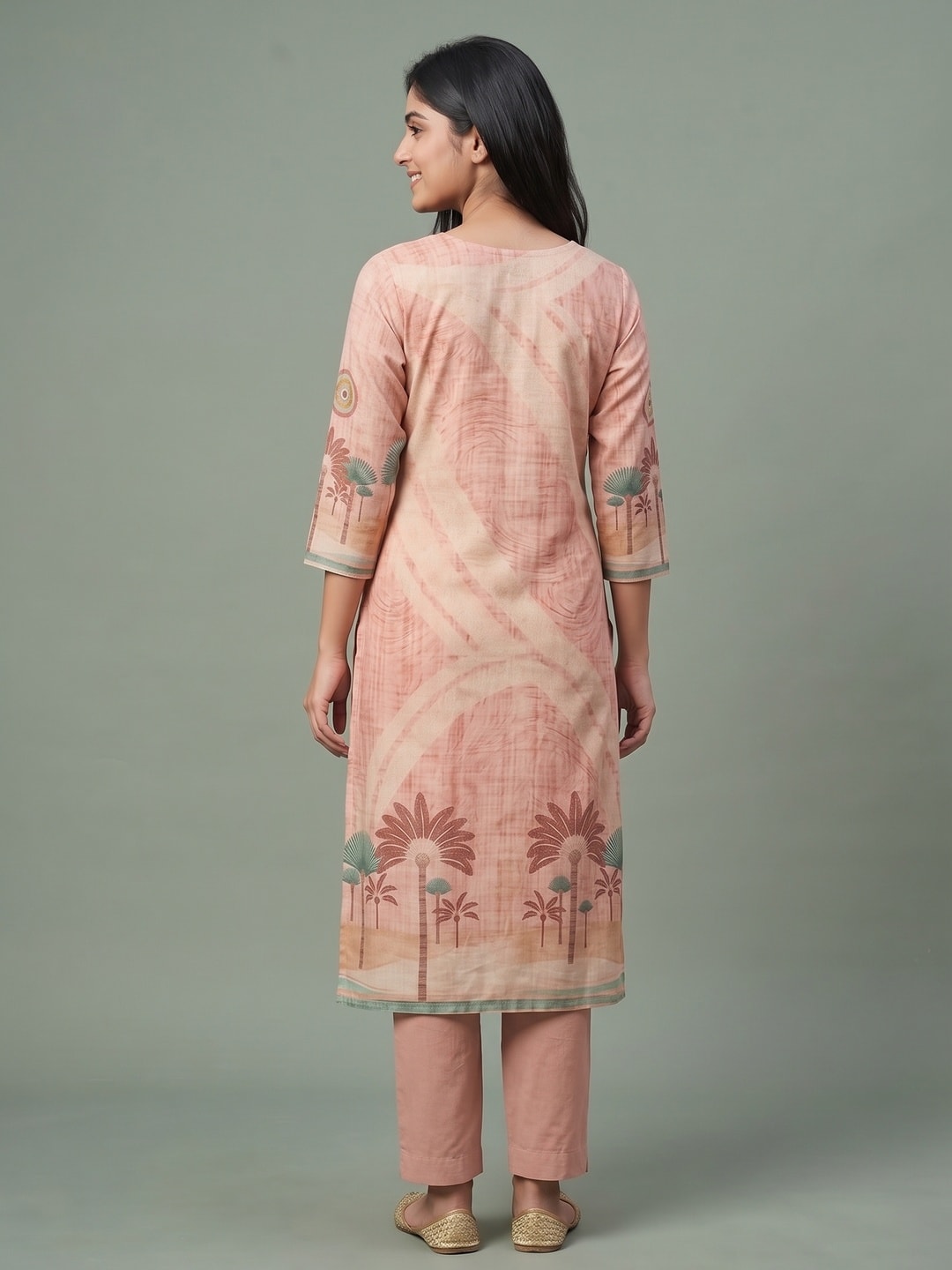 Peachmode Peach Palm Print Cotton Linen Salwar Suit with Dupatta - Image 4