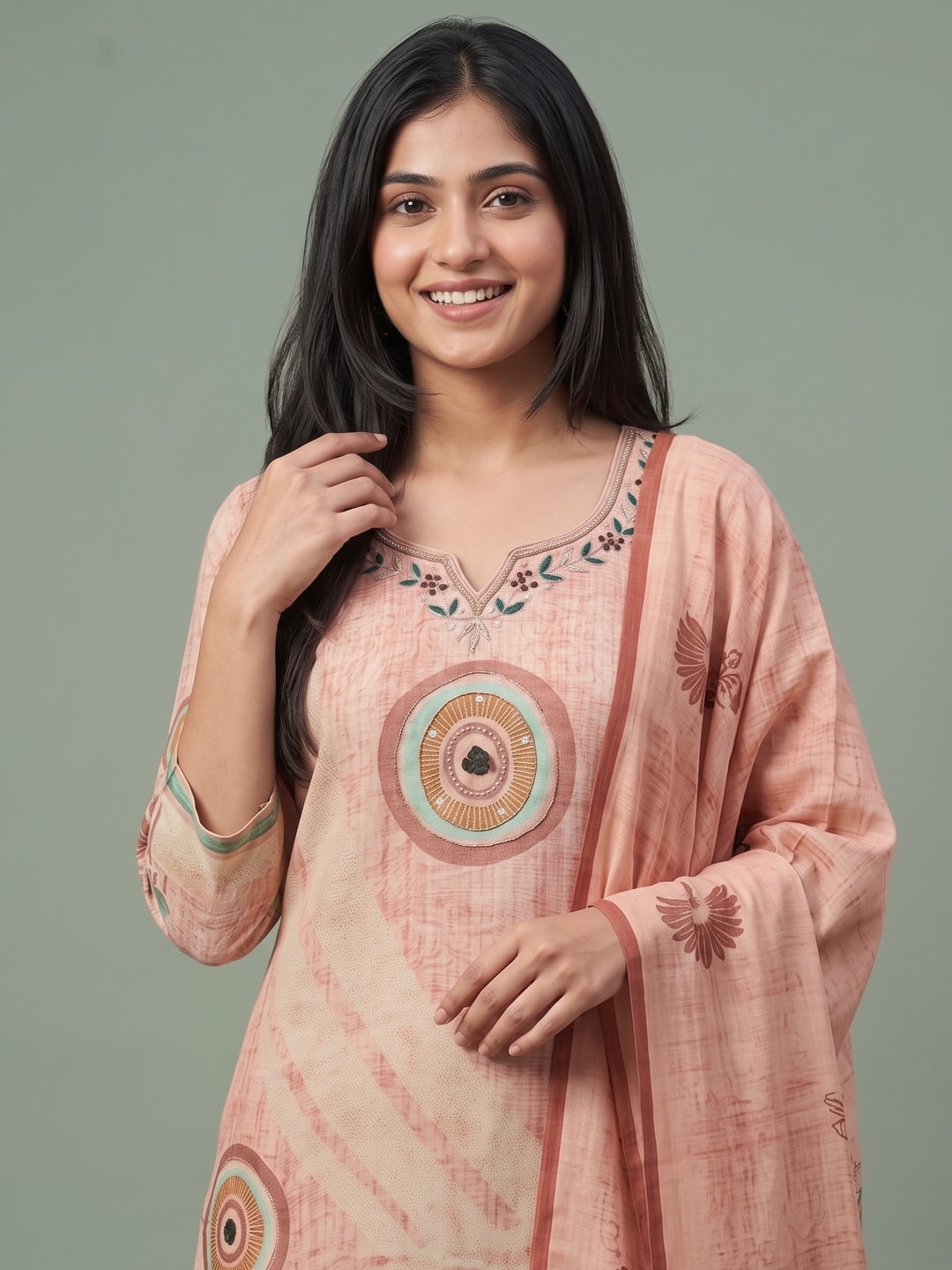 Peachmode Peach Palm Print Cotton Linen Salwar Suit with Dupatta - Image 5
