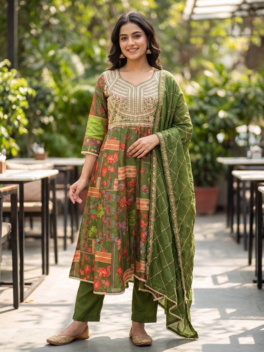 Peachmode Mehndi Green Silk Blend Floral Printed Embroidered Anarkali Salwar Suit - Image 1