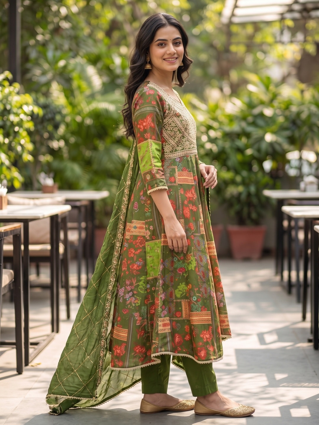 Peachmode Mehndi Green Silk Blend Floral Printed Embroidered Anarkali Salwar Suit - Image 3