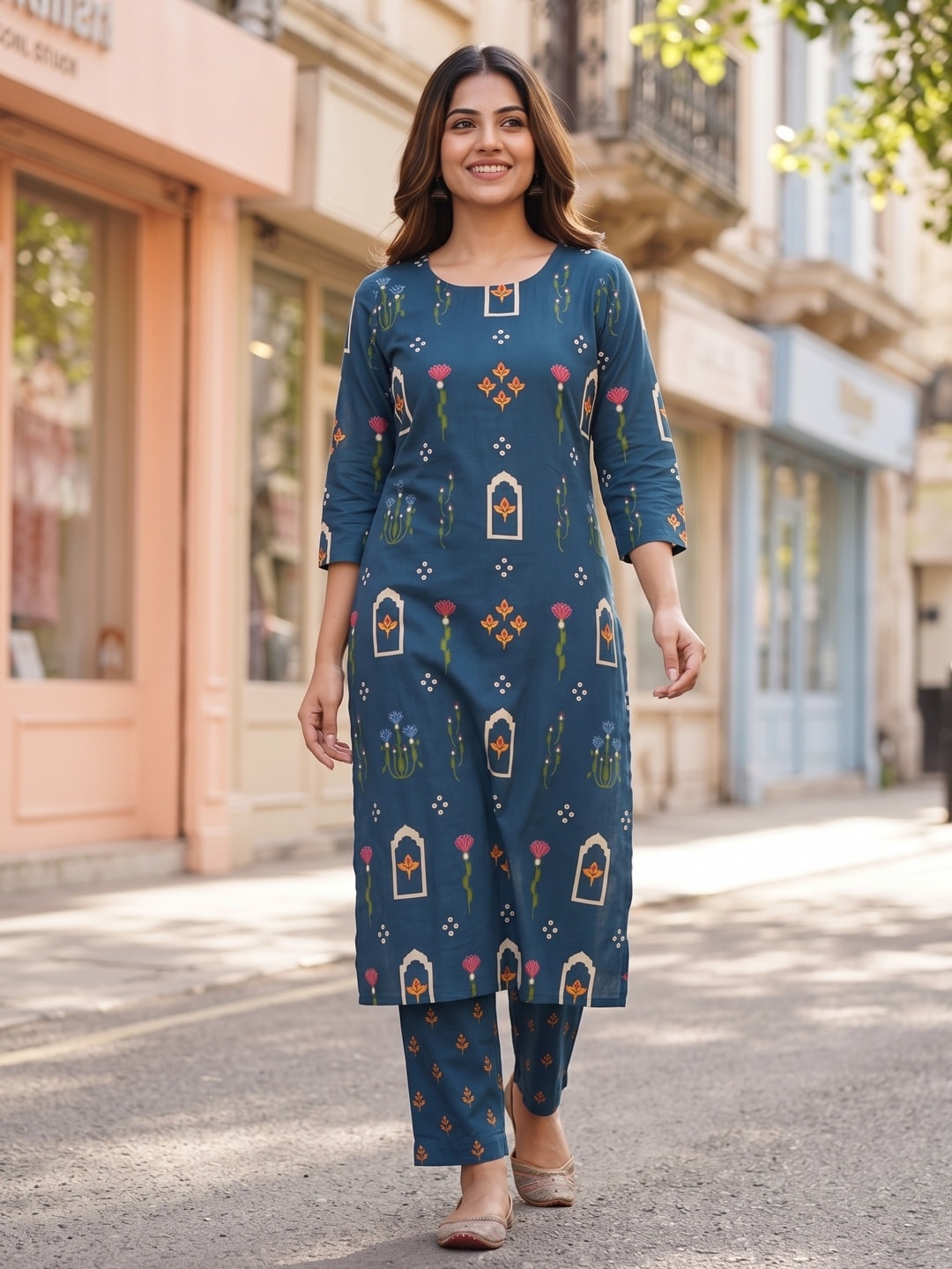 Peachmode Teal Arch Floral Printed Two-Piece Unstitched Dress Material - Image 3