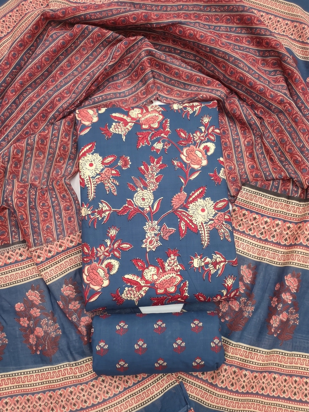 Peachmode Navy Blue Printed Cotton Unstitched Dress Material With Dupatta - Image 1