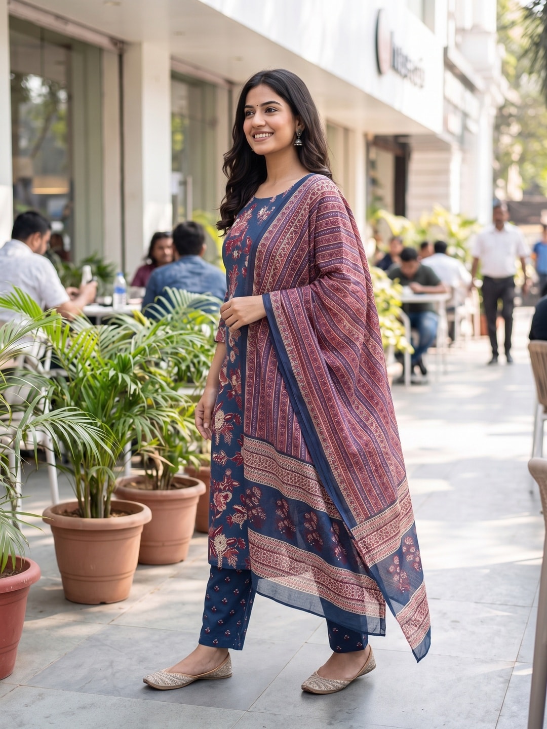 Peachmode Navy Blue Printed Cotton Unstitched Dress Material With Dupatta - Image 4