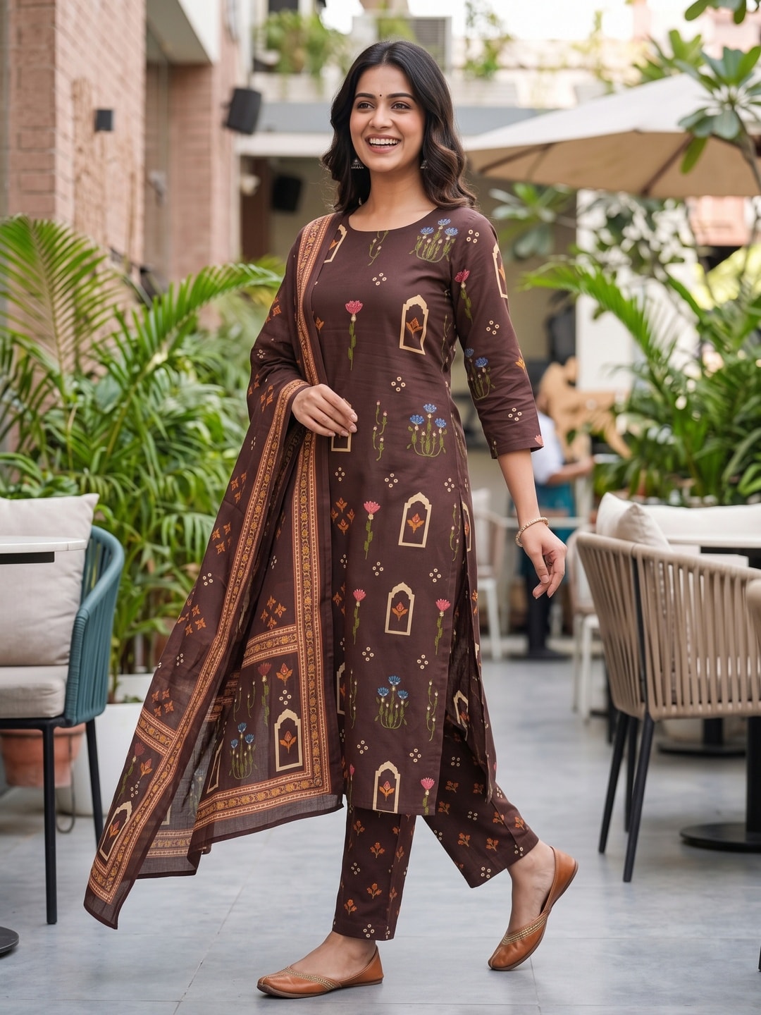 Peachmode Brown Printed Cotton Unstitched Dress Material With Dupatta - Image 3