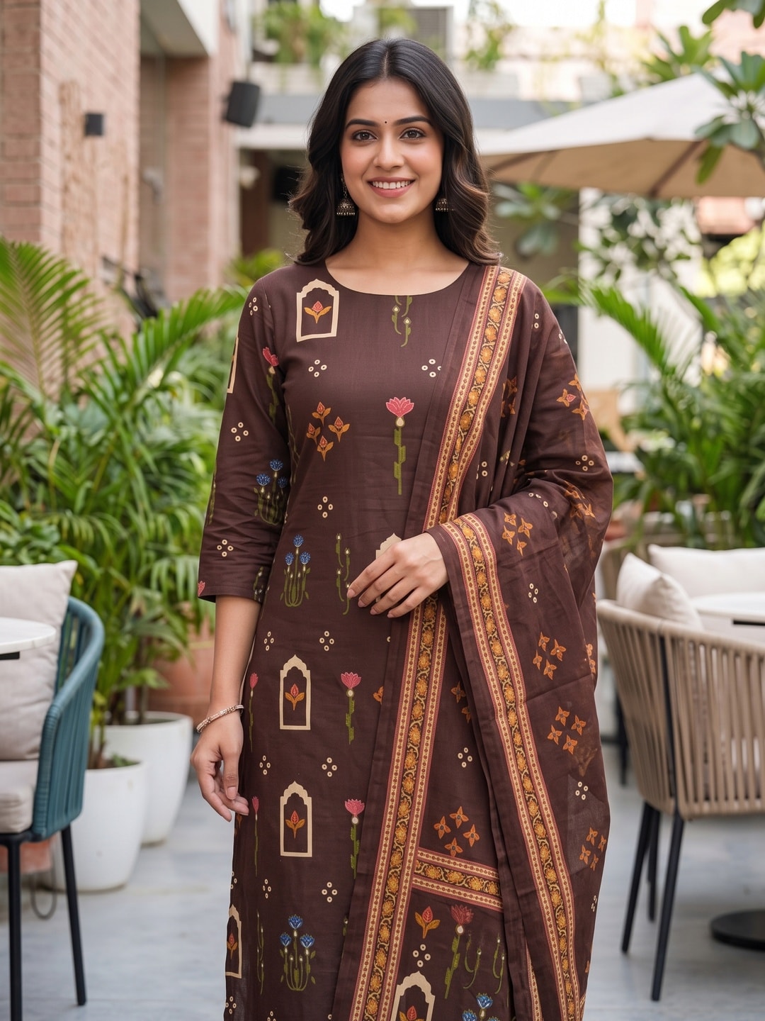 Peachmode Brown Printed Cotton Unstitched Dress Material With Dupatta - Image 5