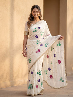 Peachmode Off White Gotapati Work Hand Painted Star Georgette Saree - Image 1