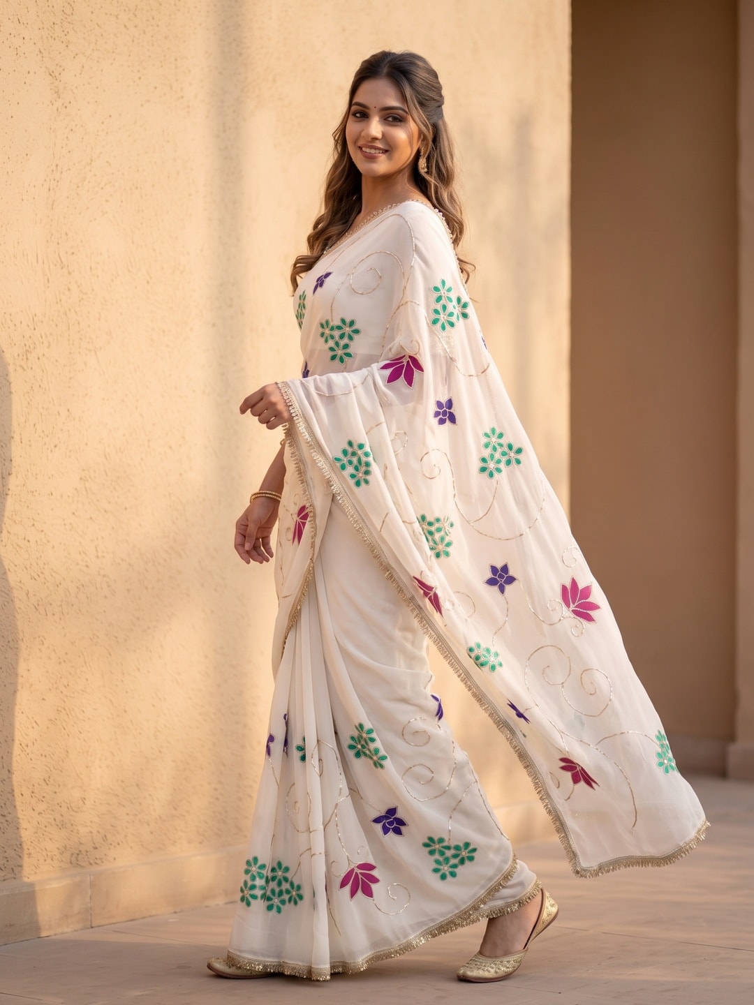 Peachmode Off White Gotapati Work Hand Painted Star Georgette Saree - Image 3