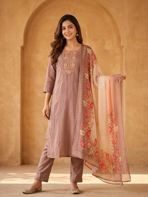 Peachmode Muslin Embroidered Yoke Salwar Suit With Floral Print Dupatta - Image 1