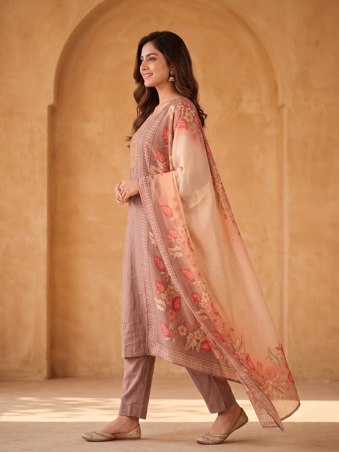 Peachmode Muslin Embroidered Yoke Salwar Suit With Floral Print Dupatta - Image 3
