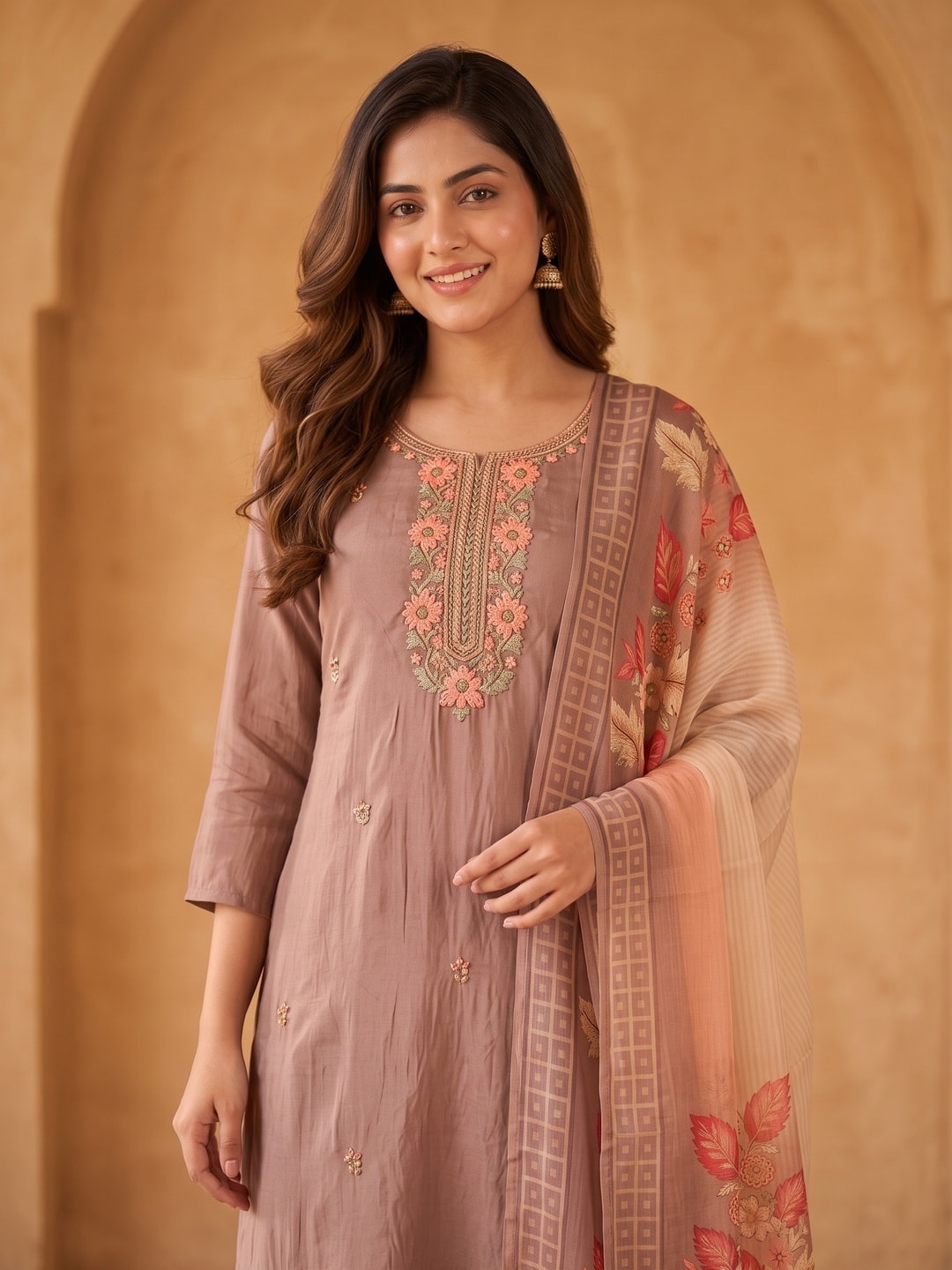 Peachmode Muslin Embroidered Yoke Salwar Suit With Floral Print Dupatta - Image 5