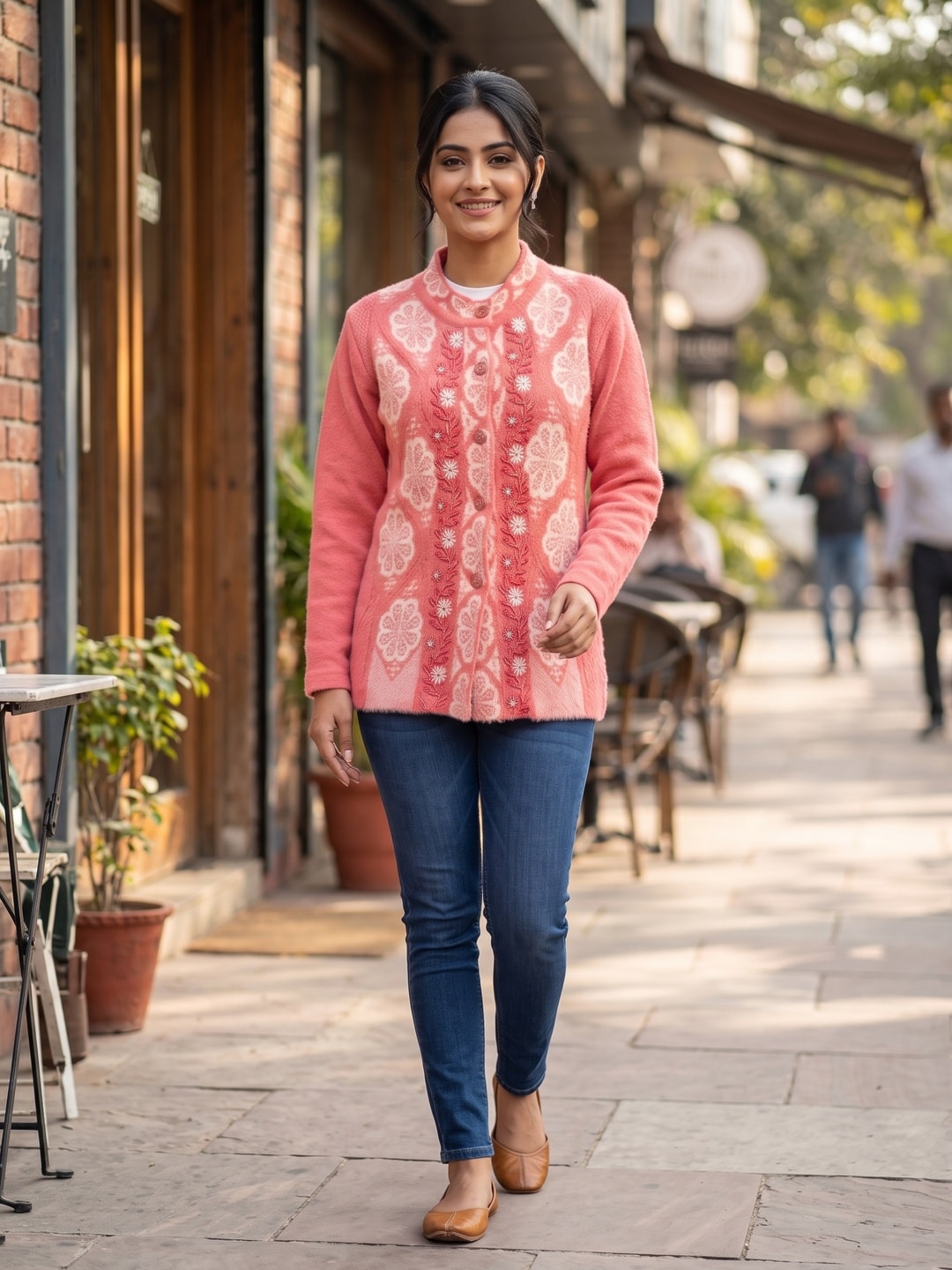 Peachmode Pink Woolen Embroidered Cardigan - Image 2