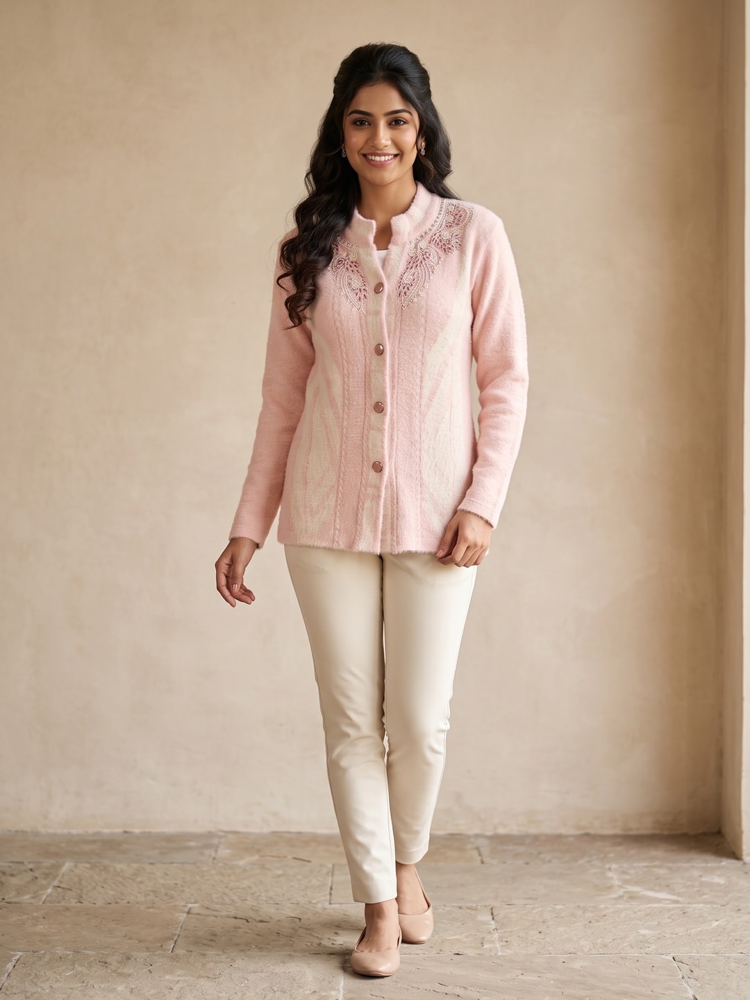 Peachmode Baby Pink Woolen Embroidered Cardigan - Image 1