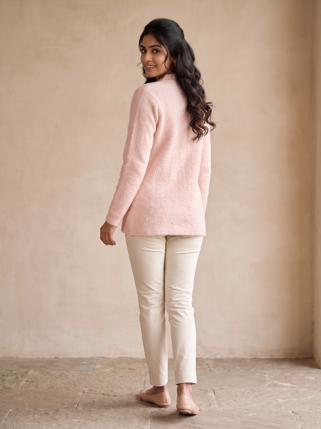 Peachmode Baby Pink Woolen Embroidered Cardigan - Image 4