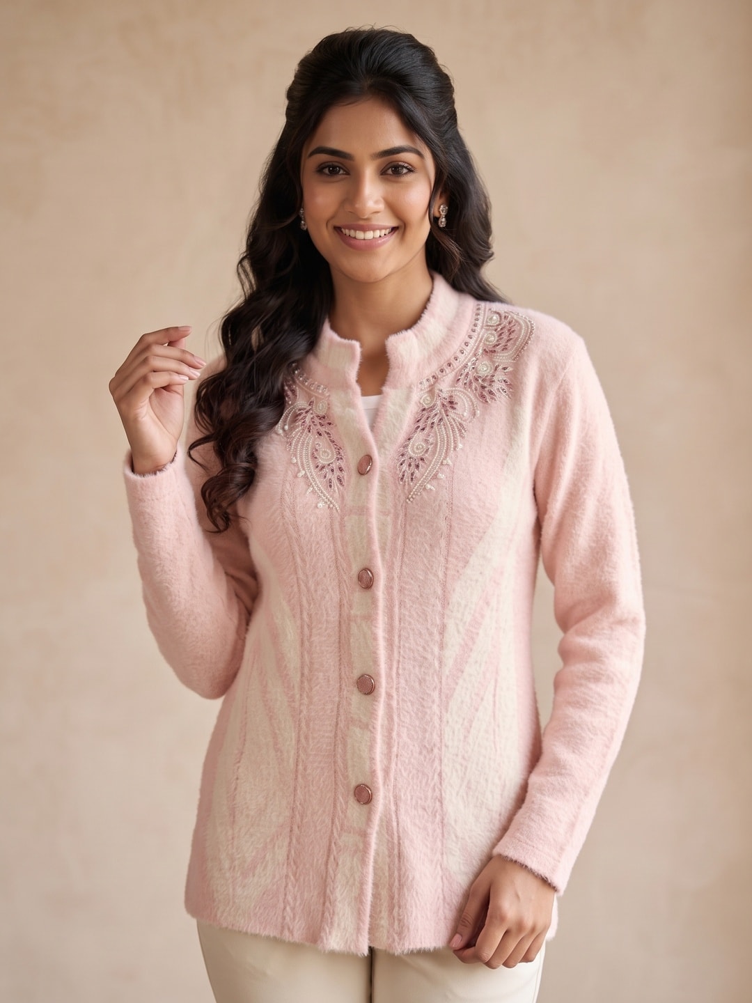 Peachmode Baby Pink Woolen Embroidered Cardigan - Image 5