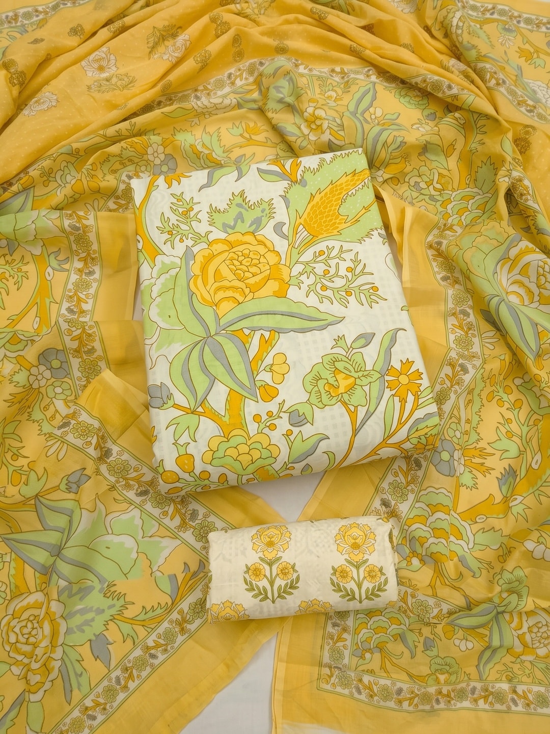 Peachmode Yellow Printed Cotton Unstitched Dress Material With Dupatta - Image 1