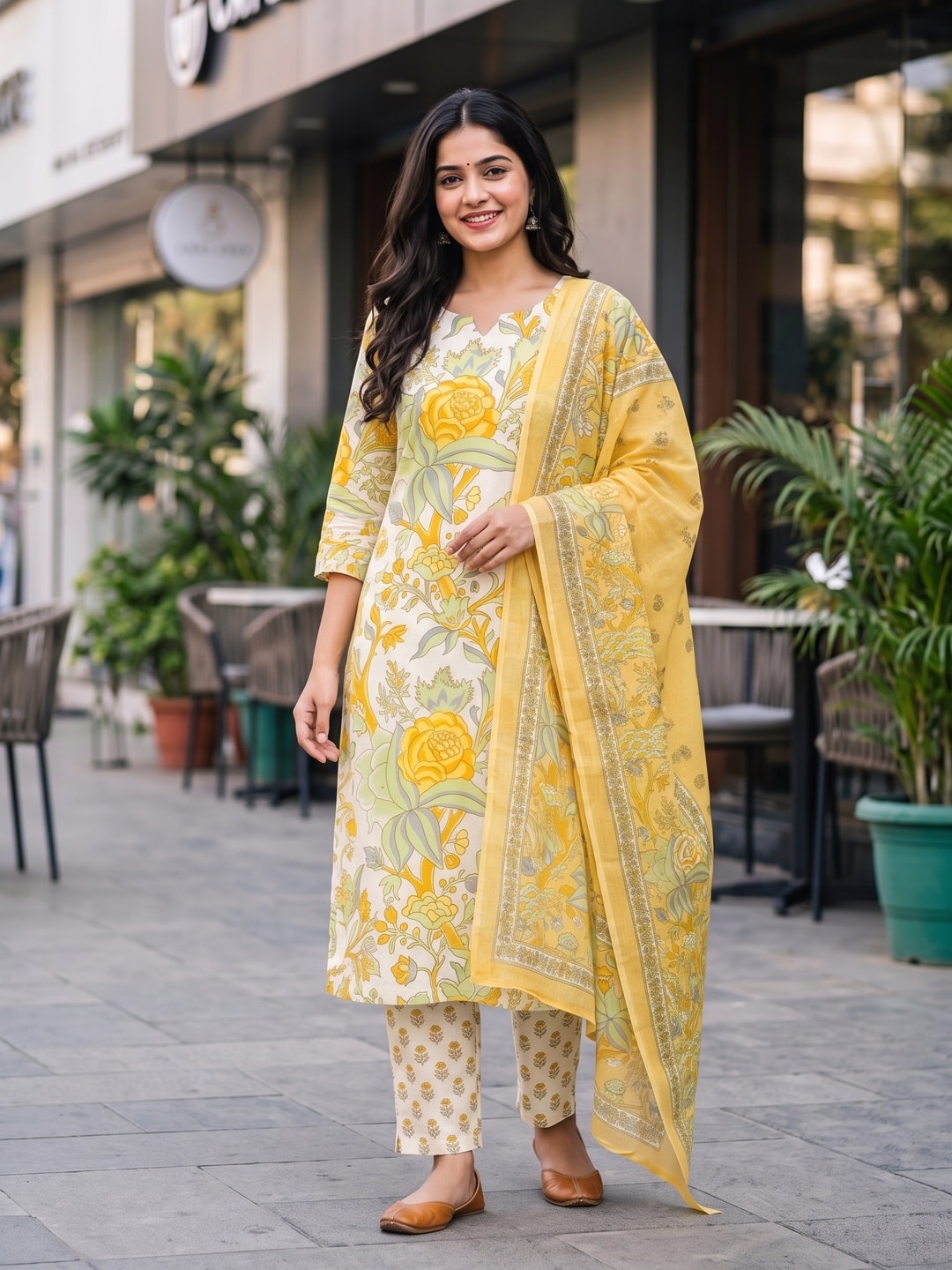 Peachmode Yellow Printed Cotton Unstitched Dress Material With Dupatta - Image 2