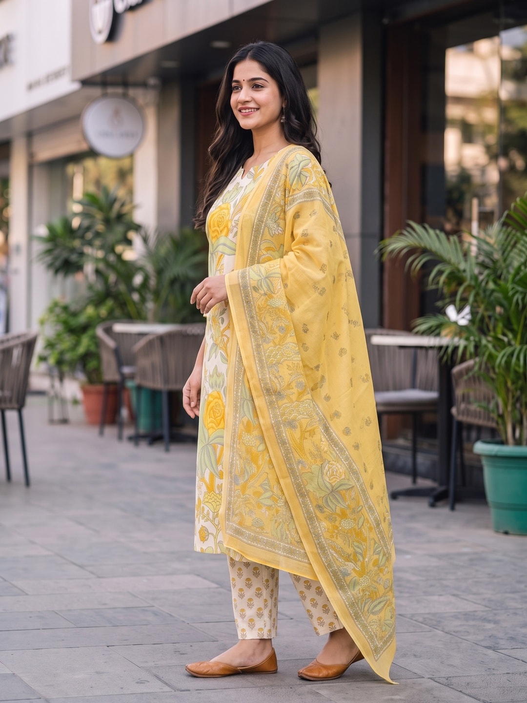 Peachmode Yellow Printed Cotton Unstitched Dress Material With Dupatta - Image 4