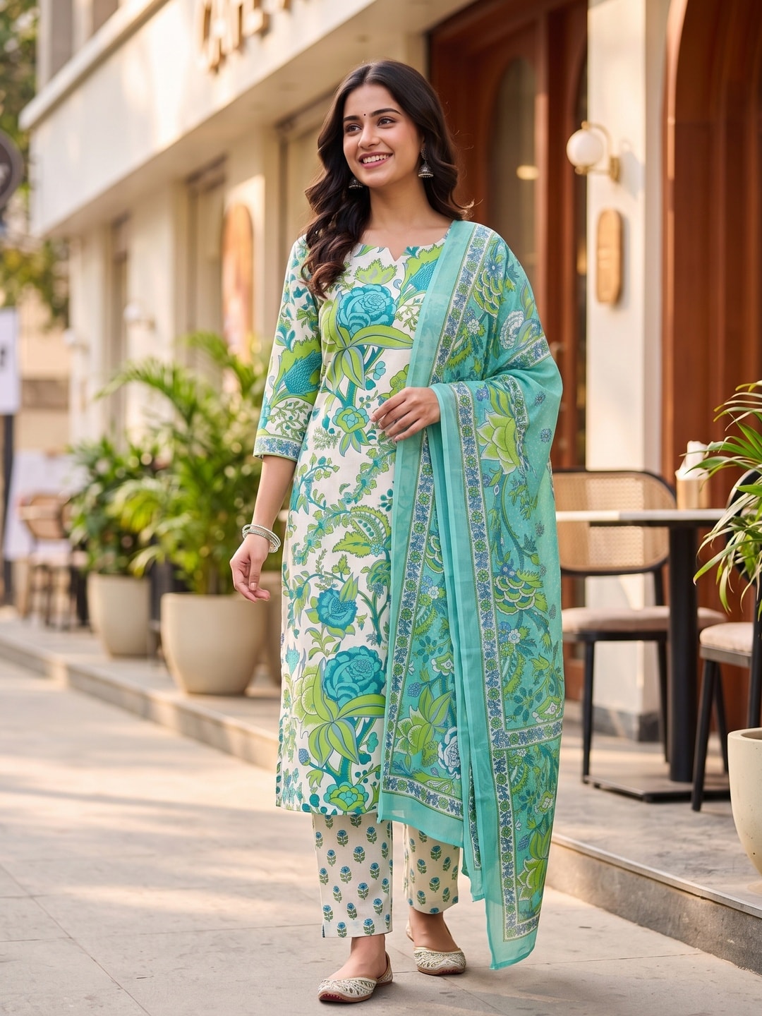 Peachmode Teal Printed Cotton Unstitched Dress Material With Dupatta - Image 2
