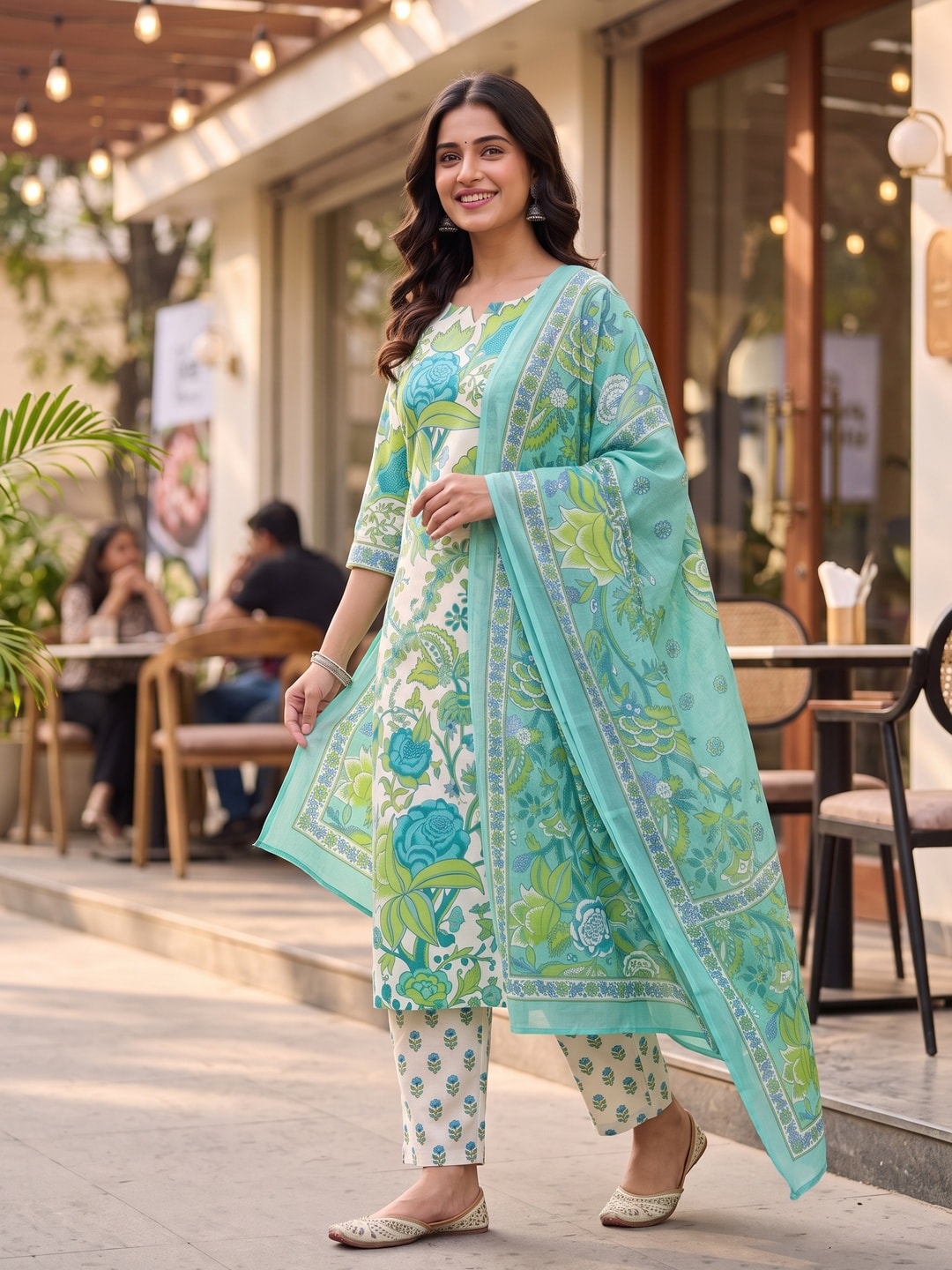 Peachmode Teal Printed Cotton Unstitched Dress Material With Dupatta - Image 3