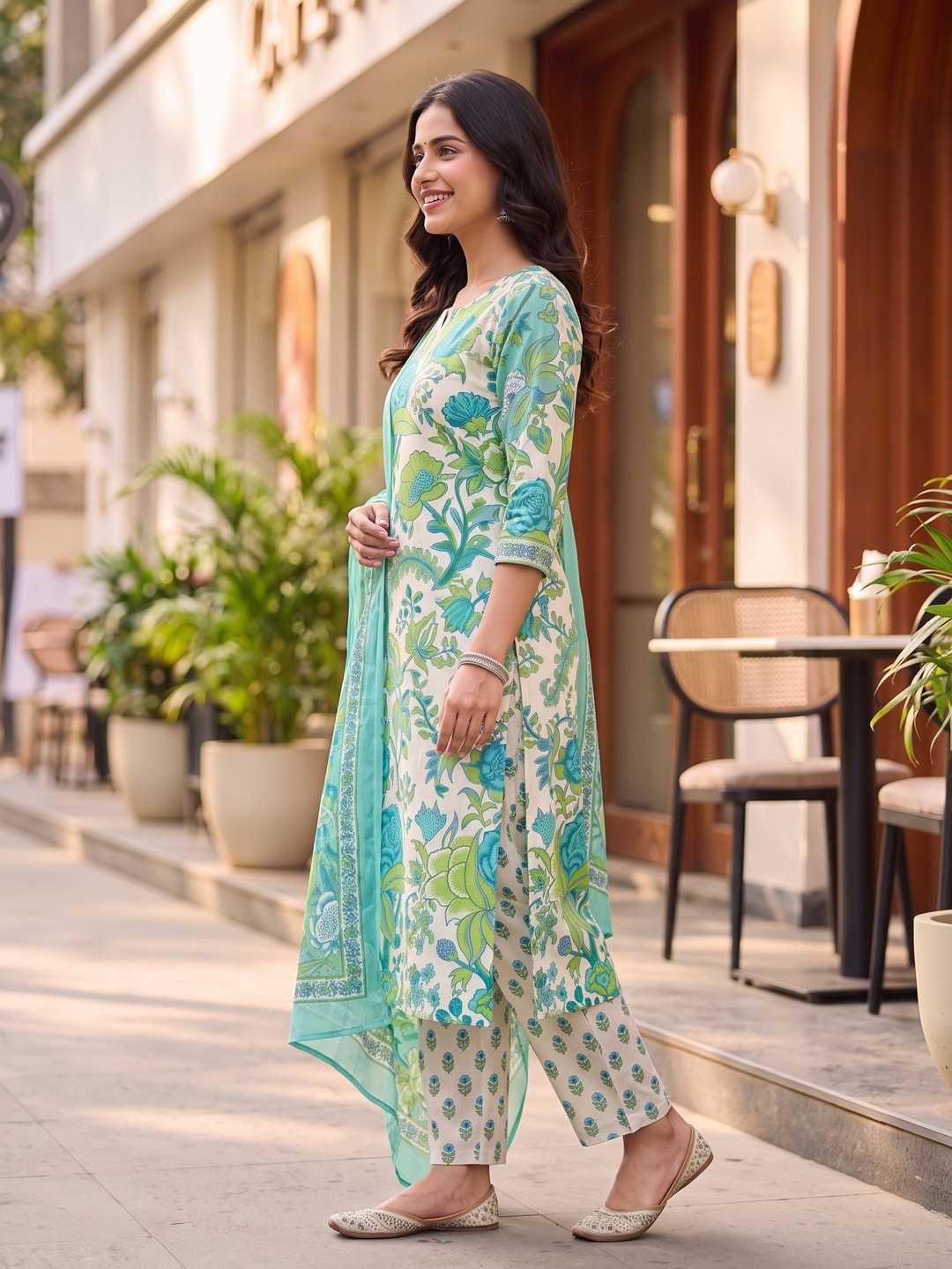 Peachmode Teal Printed Cotton Unstitched Dress Material With Dupatta - Image 4