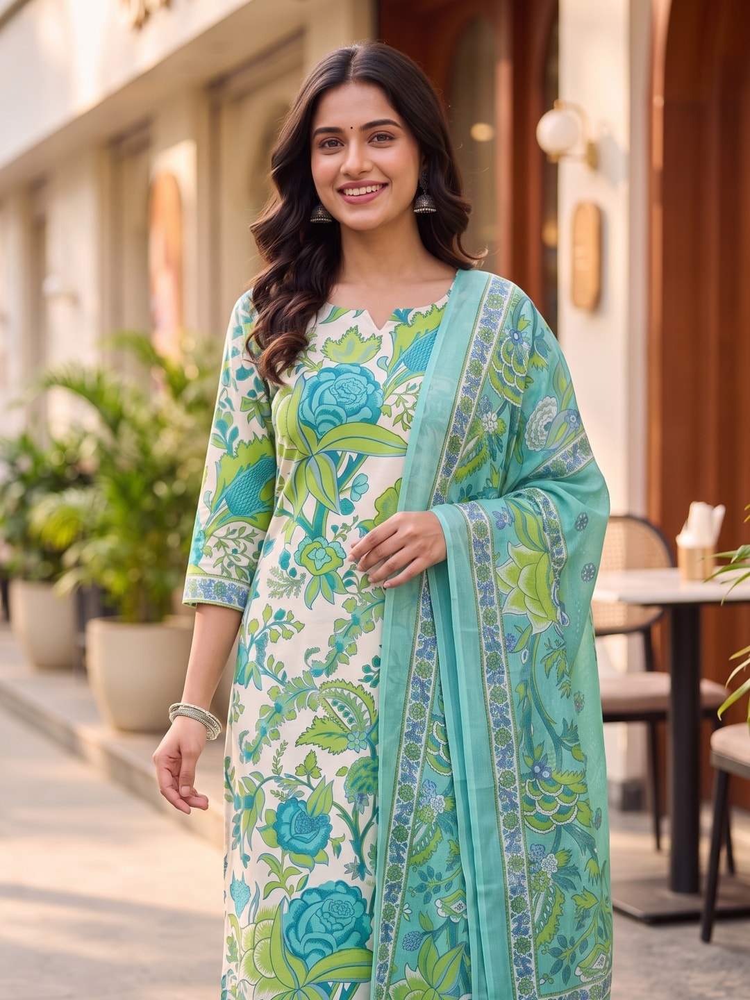 Peachmode Teal Printed Cotton Unstitched Dress Material With Dupatta - Image 5
