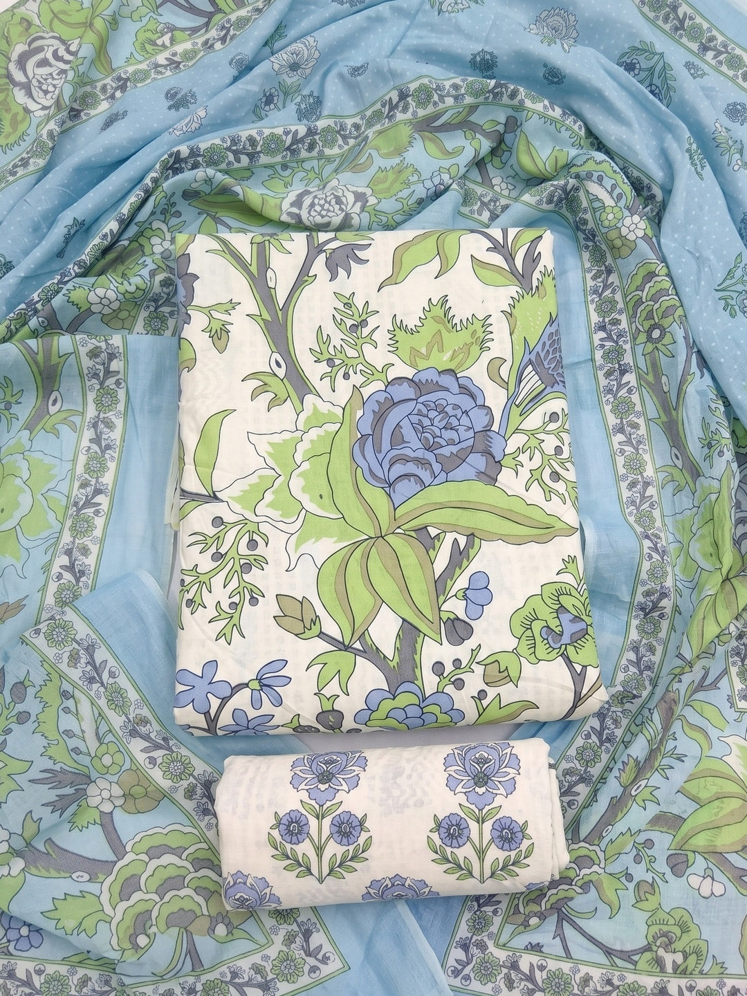Peachmode SKYBLUE Printed Cotton Unstitched Dress Material With Dupatta - Image 1
